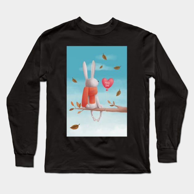 Miss you! Cute rabbit sitting in a tree thinking of his love in the autumn Long Sleeve T-Shirt by marina63